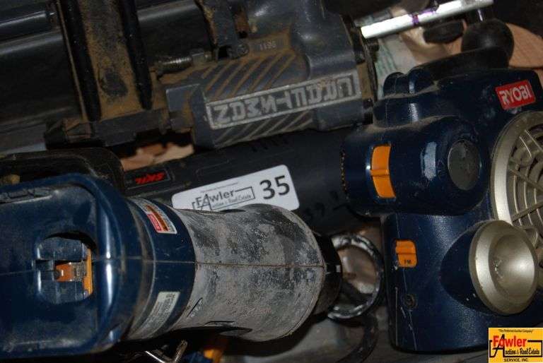 Assorted Power Tools with Ryobi Circular Saw, Hitachi Nailer, and More image