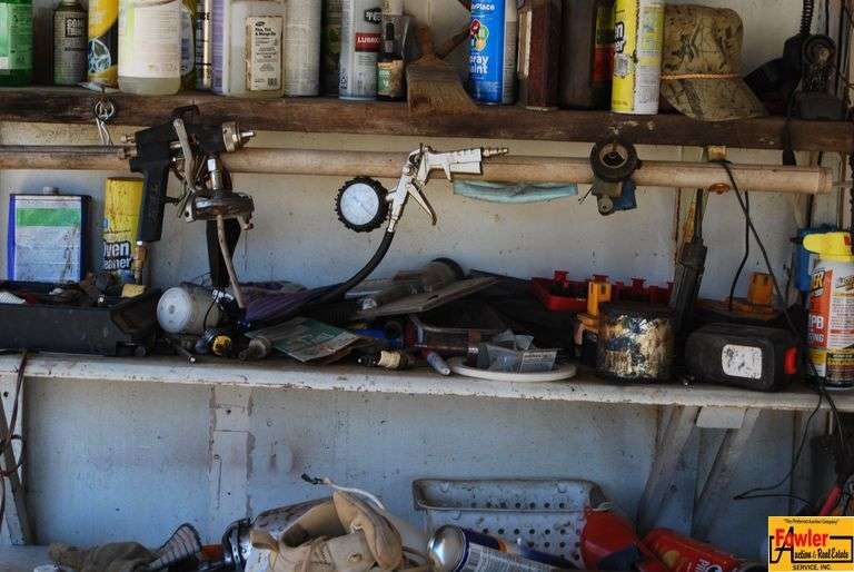 Garage Workbench and Assorted Tools and Supplies image