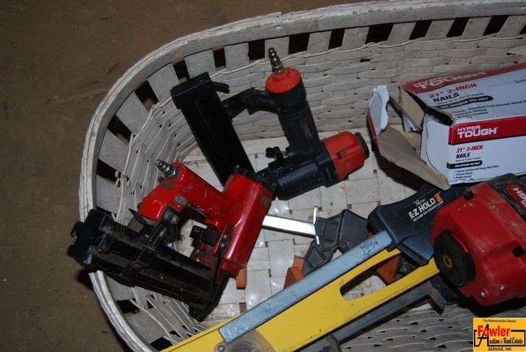 Mixed Lot of Nail Guns, Clamps, Level, and Nails image