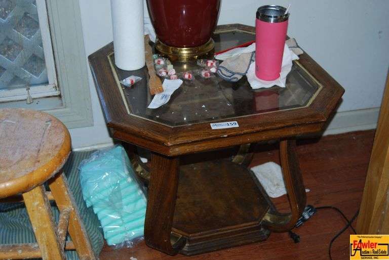 Octagonal Glass Top Wood End Table image