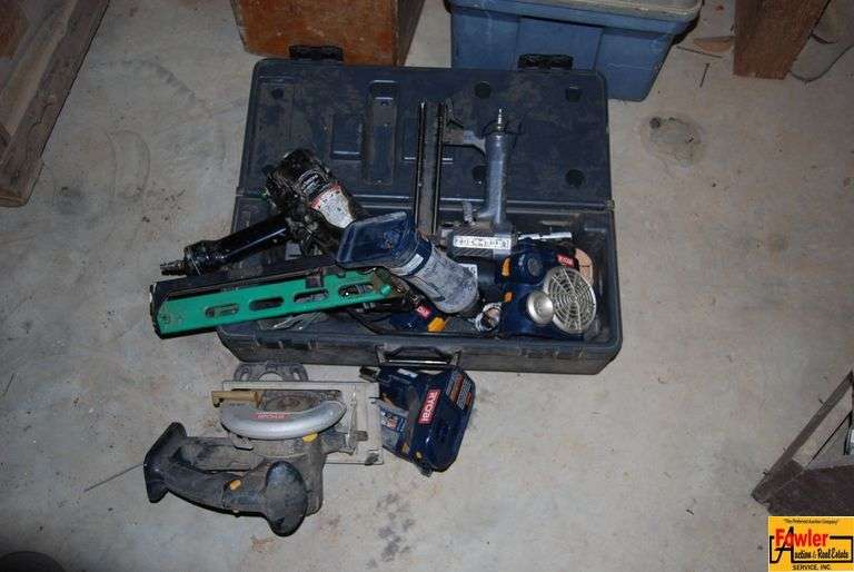 Assorted Power Tools with Ryobi Circular Saw, Hitachi Nailer, and More image
