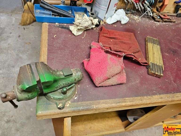Woodworking Workbench with Vise and Assorted Tools