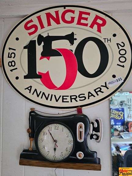 Singer 150th Anniversary Metal Sign & Sewing Machine Clock