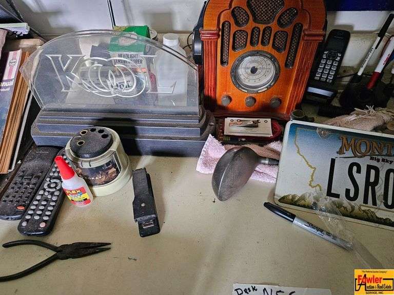 Collection of Mixed Items Including Radio, Tools, and Decor