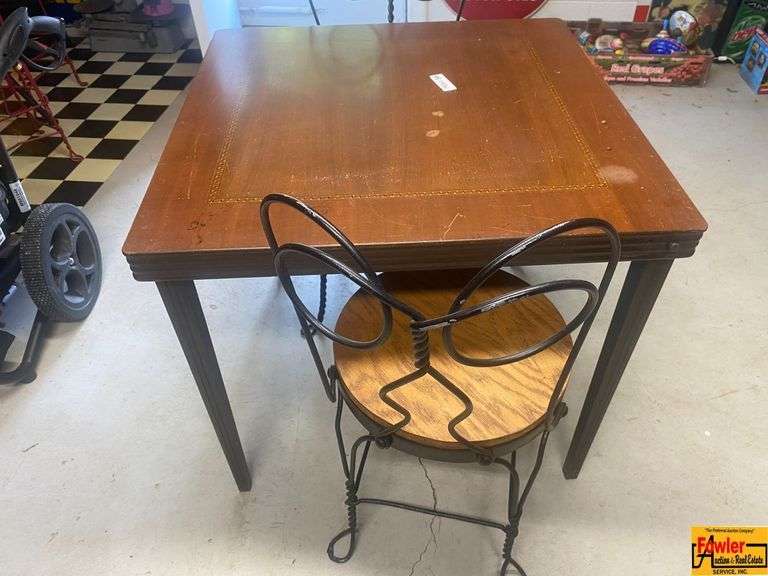 Wood Table with Two Wrought Iron Chairs