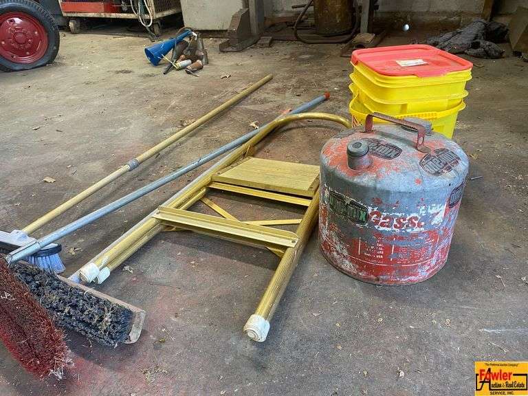 Lot of Buckets, Gas Can, Step Stool, and Brooms