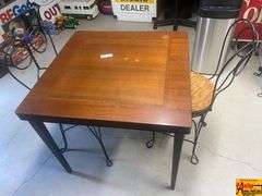 Wood Table with Two Wrought Iron Chairs