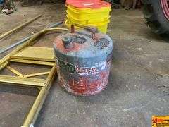 Lot of Buckets, Gas Can, Step Stool, and Brooms