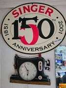 Singer 150th Anniversary Metal Sign & Sewing Machine Clock