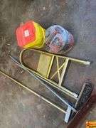 Lot of Buckets, Gas Can, Step Stool, and Brooms