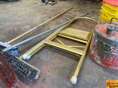 Lot of Buckets, Gas Can, Step Stool, and Brooms