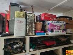 Shelving Unit Contents Including Assorted Parts, Tools, and Oil