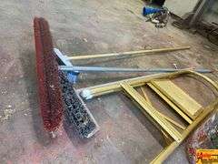 Lot of Buckets, Gas Can, Step Stool, and Brooms