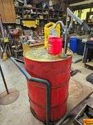 Rolling Oil Drum with Hand Pump, Canister, and Jug