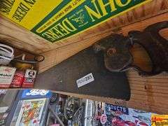 Vintage John Deere Sign, Hand Saw, Oil Cans & Advertising Signs