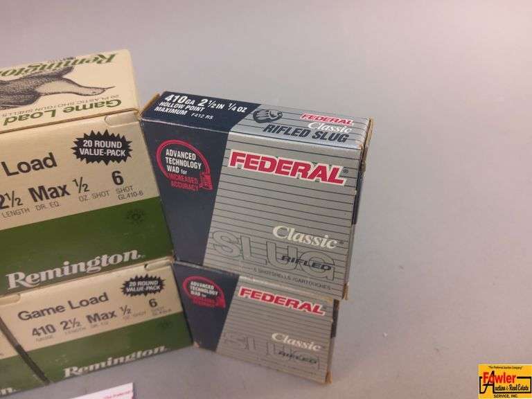 2 Boxes Remington 410 ga, 2 Boxes Federal 410 ga Slug, 1 Box Winchester 410 ga Slug