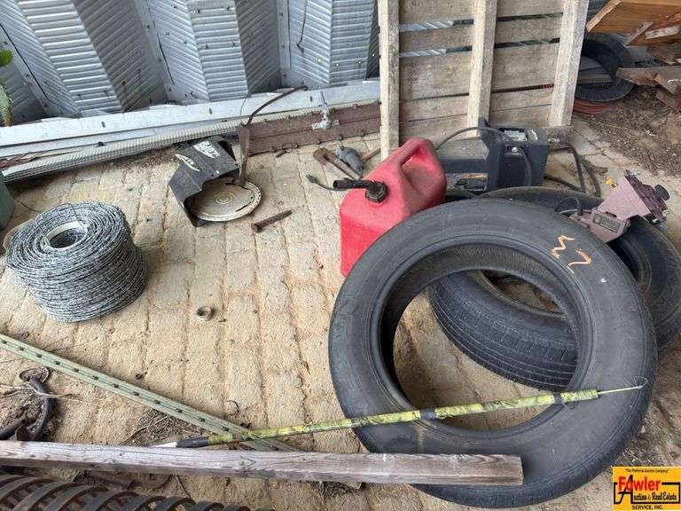 Fence Posts, Barb Wire, Tires, Gas Can & More