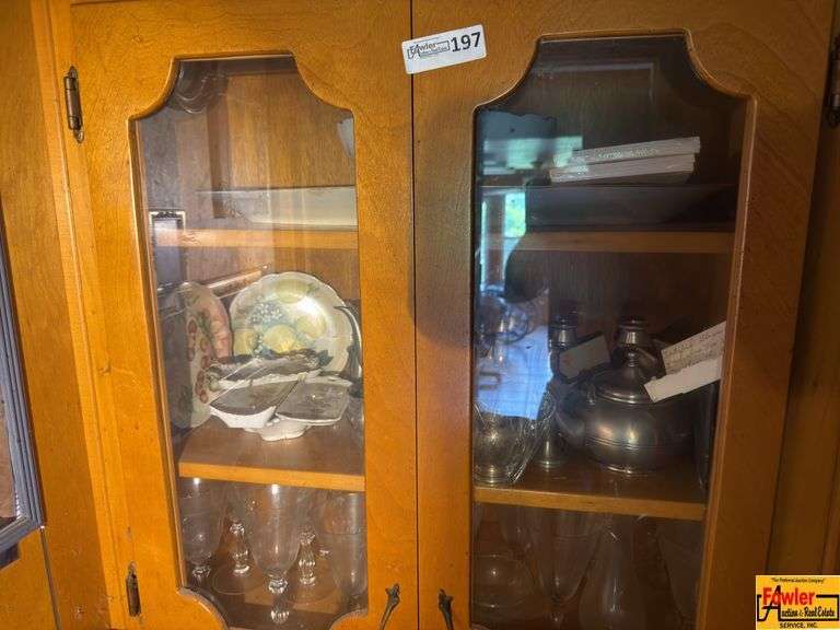 Contents Of Cabinet:  Metal Pitcher & Tea Pot, Glass Stemware
