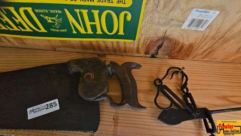 Vintage John Deere Sign, Hand Saw, Oil Cans & Advertising Signs