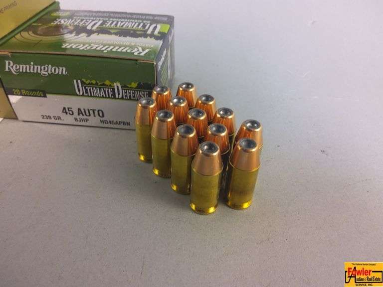 3 Boxes Remington 45 Auto, 1 Box Remington 45 ACP(+P),  1 Box Remington Ultimate Defense 45 Auto, 28 Rounds Speer 45 Auto Loose, 13 Rounds Creedmore 45 Auto