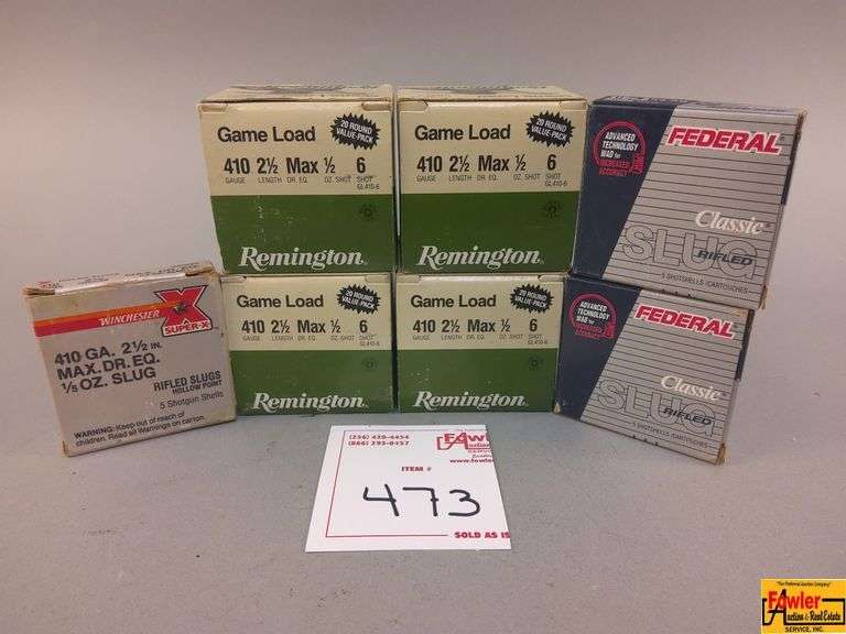 2 Boxes Remington 410 ga, 2 Boxes Federal 410 ga Slug, 1 Box Winchester 410 ga Slug