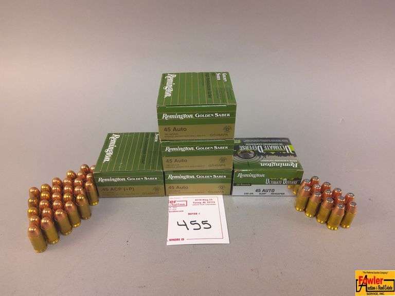 3 Boxes Remington 45 Auto, 1 Box Remington 45 ACP(+P),  1 Box Remington Ultimate Defense 45 Auto, 28 Rounds Speer 45 Auto Loose, 13 Rounds Creedmore 45 Auto