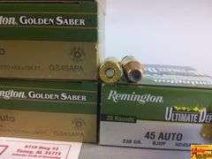 3 Boxes Remington 45 Auto, 1 Box Remington 45 ACP(+P),  1 Box Remington Ultimate Defense 45 Auto, 28 Rounds Speer 45 Auto Loose, 13 Rounds Creedmore 45 Auto