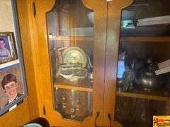 Contents Of Cabinet:  Metal Pitcher & Tea Pot, Glass Stemware