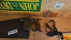 Vintage John Deere Sign, Hand Saw, Oil Cans & Advertising Signs