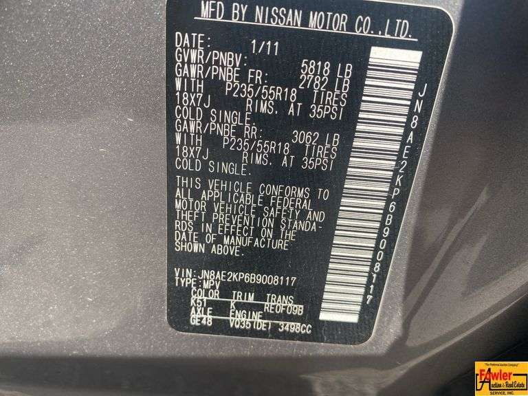 2011 Nissan Quest SL; 163,941 Miles; VIN JN8AE2KP6B9008117