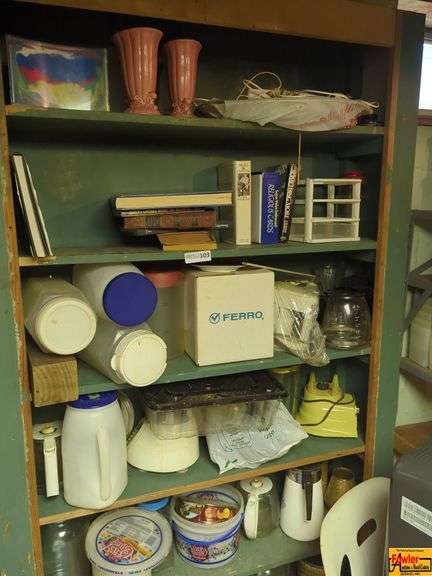 Shelves With Ceramic Vases, Plastic Jugs, Books, Coffee Pot, Plastic Totes, Suitcases, Console Television, Baskets, Sleeper Sofa, Rocking Chair & Much More image
