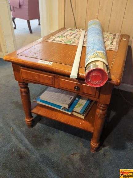 Wood Side Table with Books and Rolled Map image