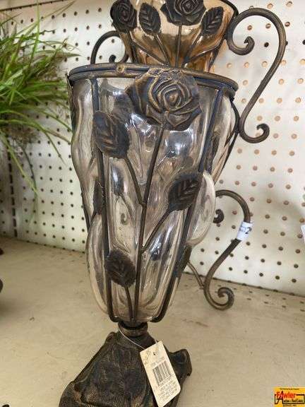 (2) Glass Vases In Metal Vase Holders image