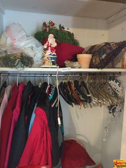 Contents Of Closet:  Christmas Decorations, Santa Figure, Apparel & More