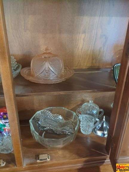 Pink Depression Covered Butter/Cheese Tray, Glass Relish Trays, Candle Holders, Bowls, Creamer, Sugar Bowl, Salt/Pepper Shakers & More image