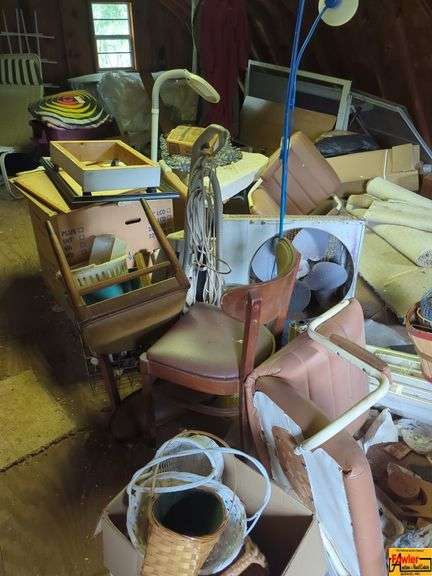 Miscellaneous Contents In Attic: Chairs, Baskets, Lamps, Window Fan, Lawn Santa, Insulation, Plastic Tote & More image