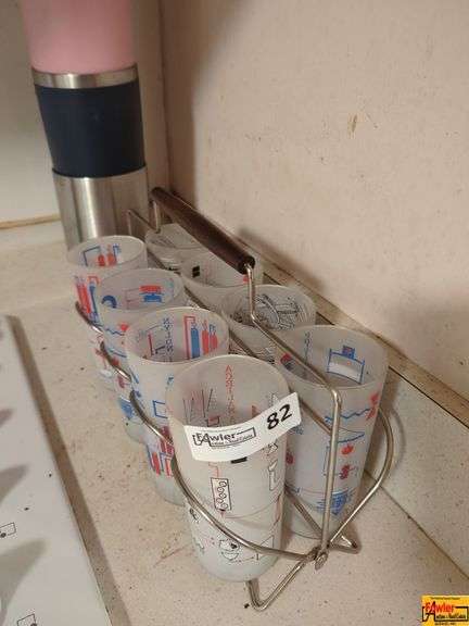 Set of (8) Frosted Glasses With Carrier - Cityscape Design (Vintage) & Tumblers image