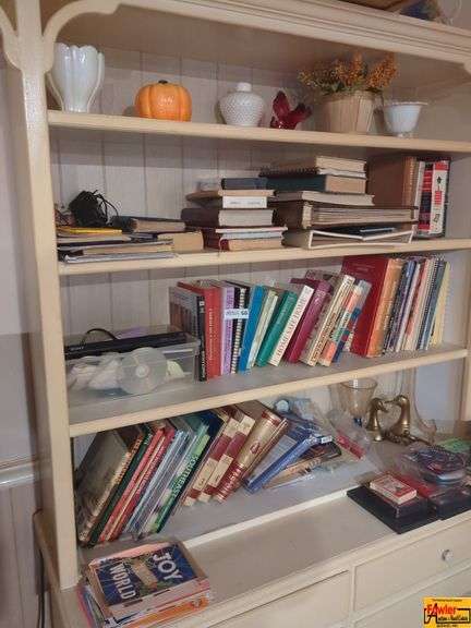 Contents Of Hutch: Books, Ginger Jar, Ceramic & Glass Figurines, Duck Bookends & Miscellaneous image