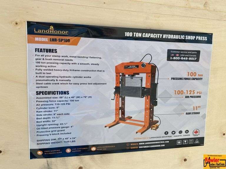 Land Honor 100-Ton Capacity Hydraulic Shop Press, Model LHR-SP100 image