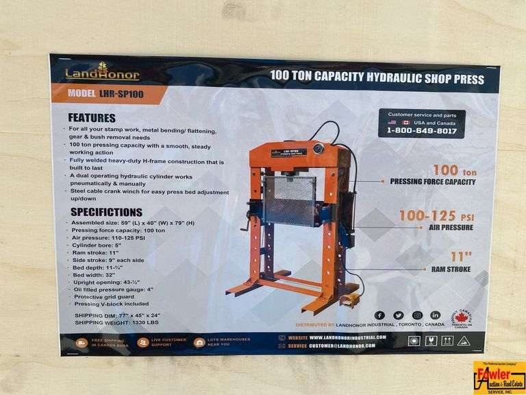 Land Honor 100-Ton Capacity Hydraulic Shop Press, Model LHR-SP100 image