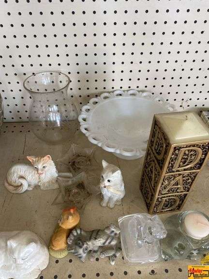 Colonial Lace Milk Glass Bowl, Glass Vase, Candlestick Holders, Cat Figurines, Pillar Candle image