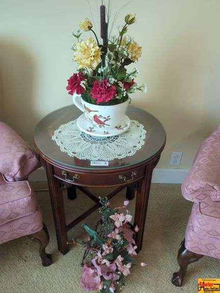 Round Glass Top Accent Table with Floral Teacup Centerpiece image