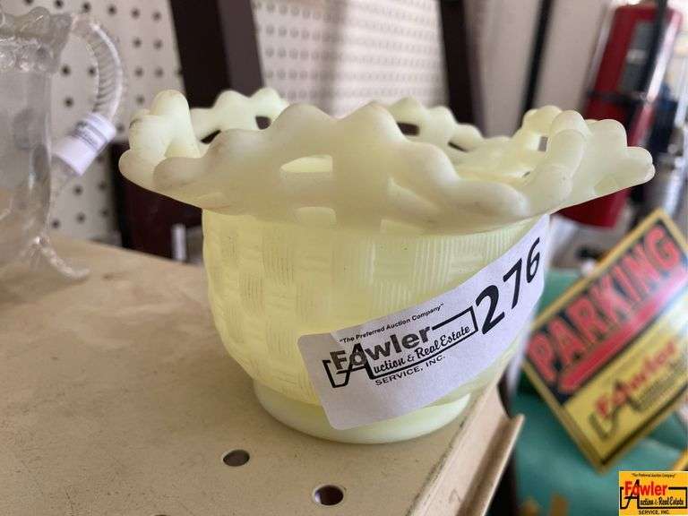 Fenton Yellow Satin Basketweave With Lattice Top Bowl image