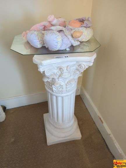 Decorative Plaster Column Pedestal Plant Stand With Glass Top and Baby Dolls