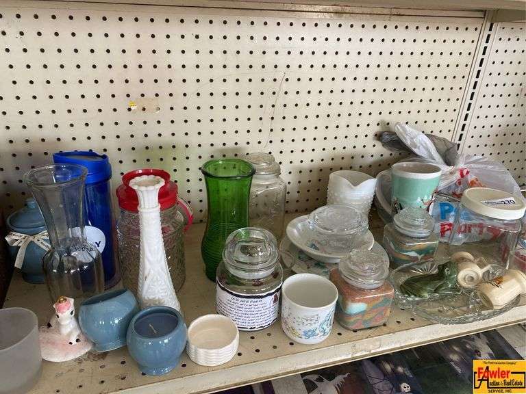 Assortment Of Vases, Candy Jars, Milk Glass Hobnail Pitcher, Candles & Winnie-The-Pooh Clock image