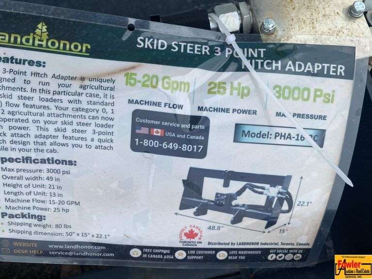 Land Honor Model PHA-16-2C Skid Steer 3-Point Hitch Adapter