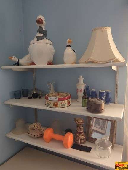 Contents On Shelves: Goose Decor, Glassware, Lamp Shade, Hand Weight & More image