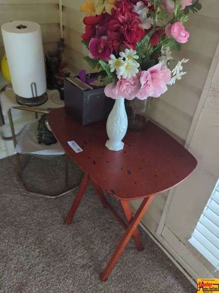 TV Table With Faux Bouquet In Bud Vase & Octagon Plant Stand With Contents image