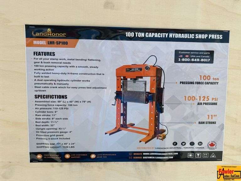 Land Honor 100-Ton Capacity Hydraulic Shop Press, Model LHR-SP100