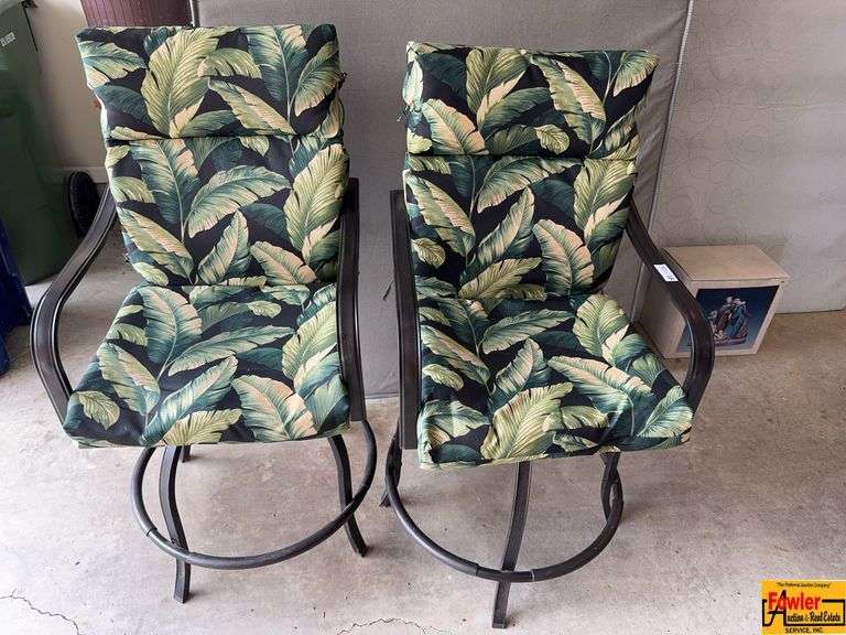 (2) Metal Swivel Patio Chairs With Tropical Pattern Seat Cushions image